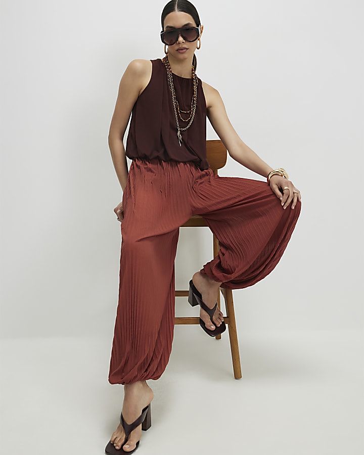 Brown Pleated Mesh Balloon Leg Trousers