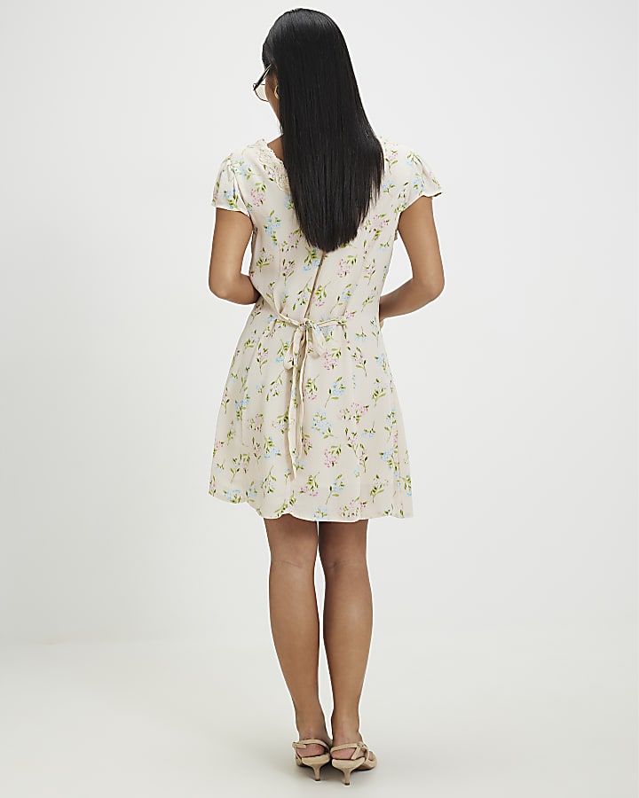 Petite Cream Floral Lace Trim Mini Dress