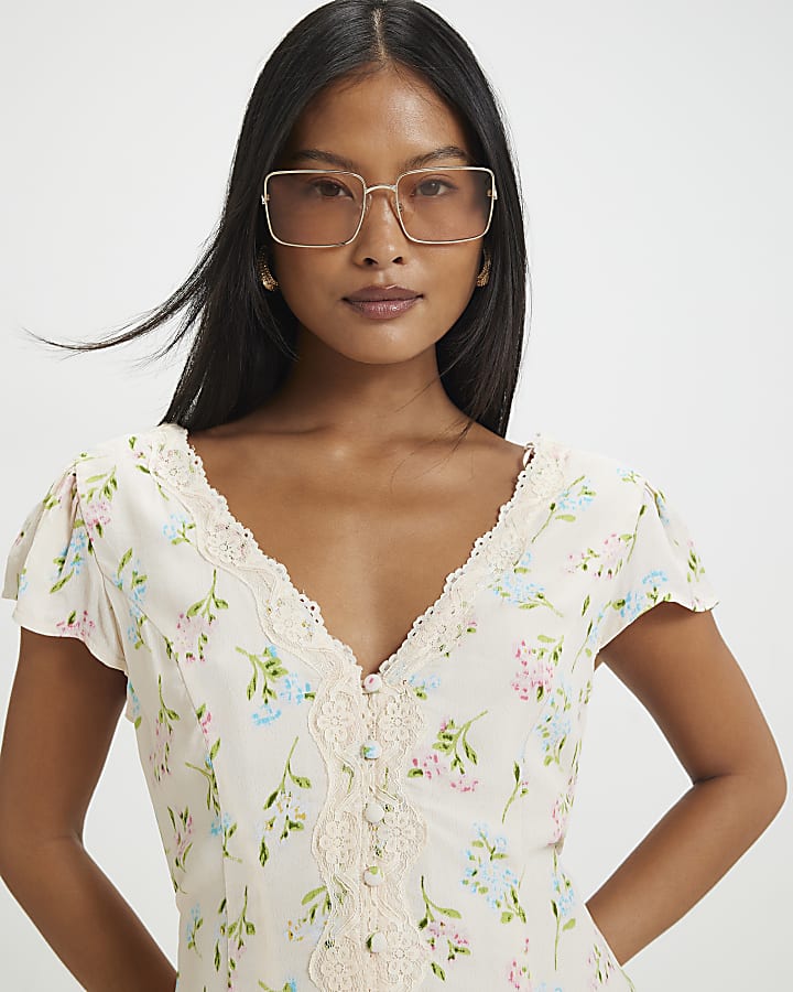 Petite Cream Floral Lace Trim Mini Dress
