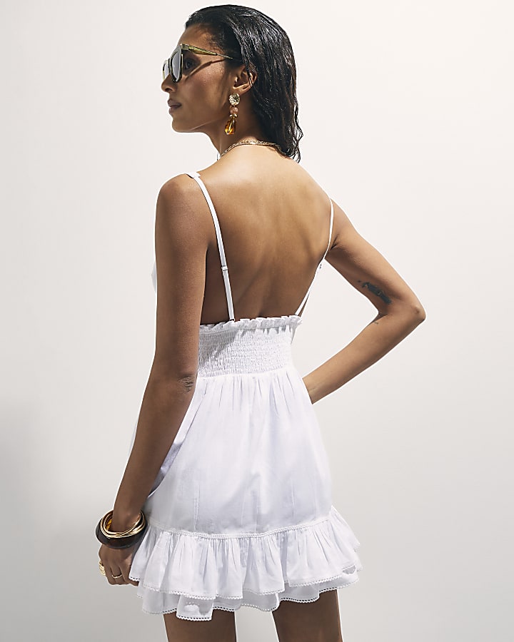White Cotton Shirred Waist Mini Dress