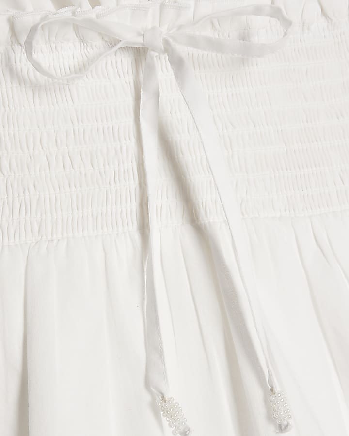 White Cotton Shirred Waist Mini Dress
