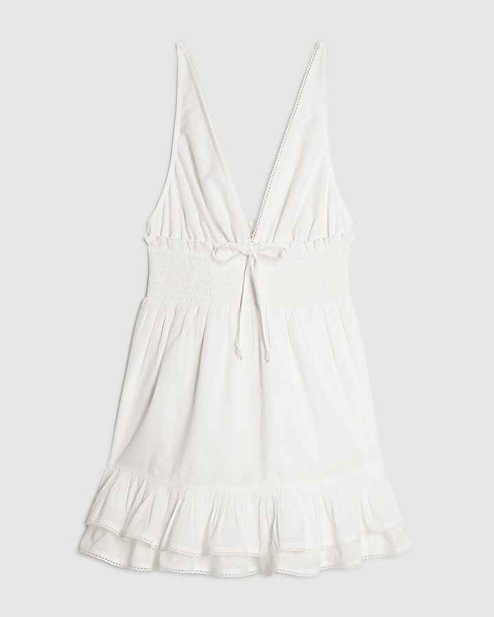 White Cotton Shirred Waist Mini Dress