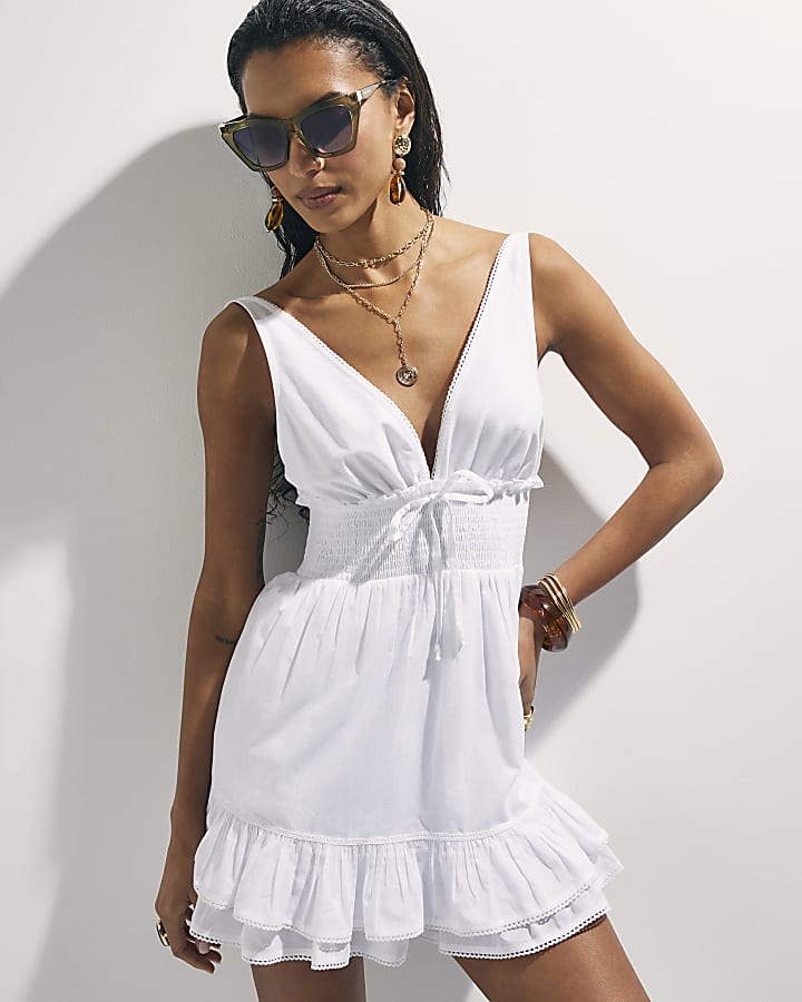 White Cotton Shirred Waist Mini Dress
