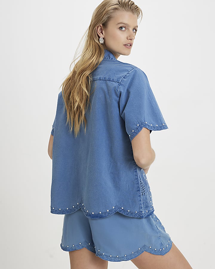Blue Chambray Broderie Studded Shorts