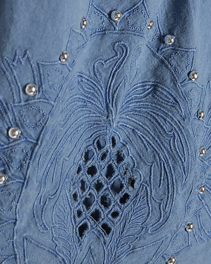 Blue Chambray Broderie Studded Shorts