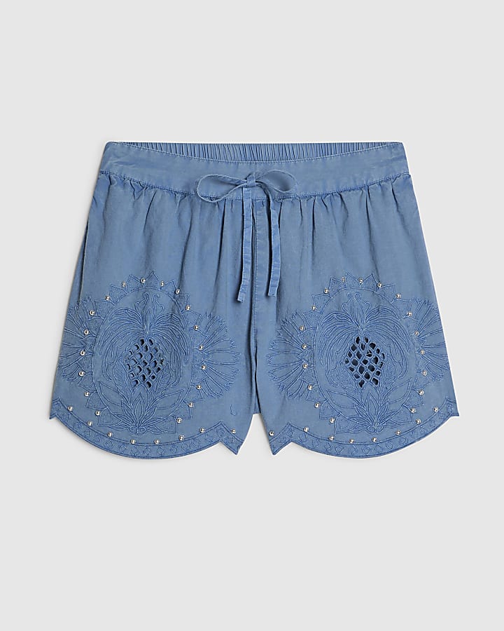 Blue Chambray Broderie Studded Shorts