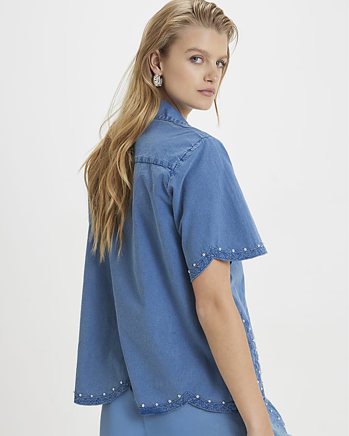 Blue Chambray Broderie Studded Shirt