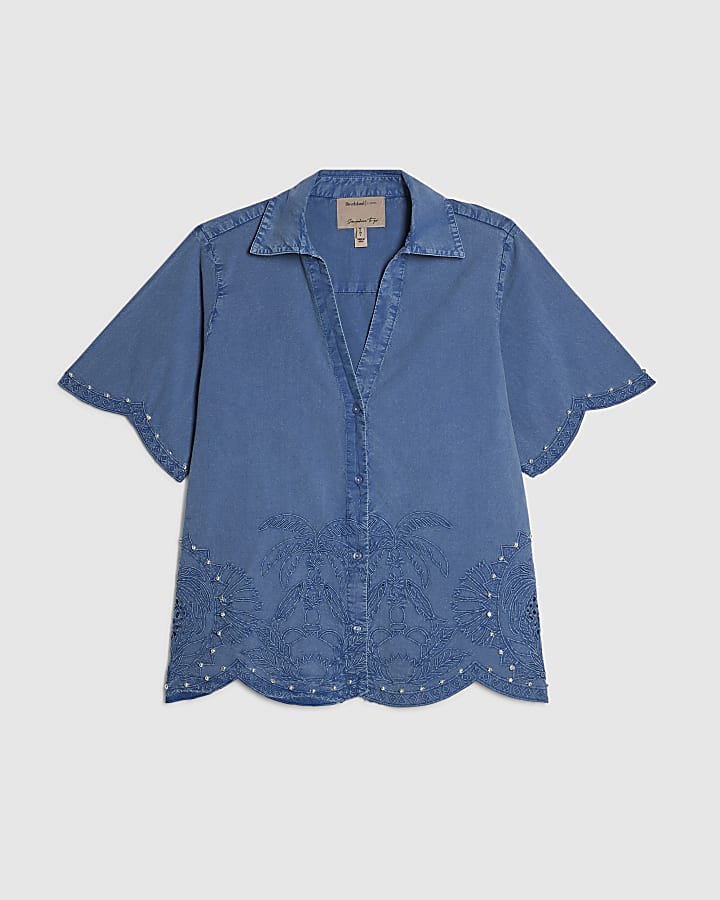 Blue Chambray Broderie Studded Shirt