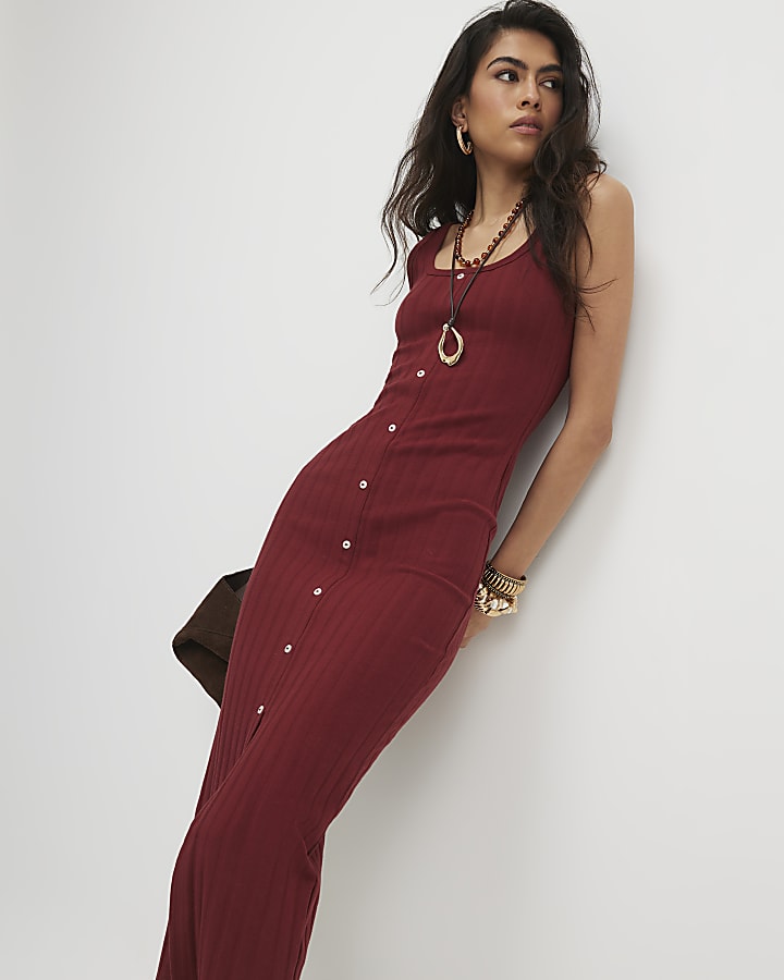 Orange Wide Rib Button Front Midi Dress