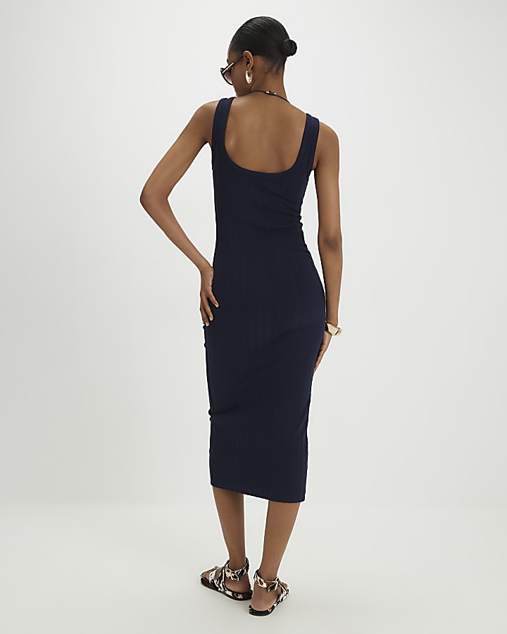 Navy Wide Rib Button Front Midi Dress