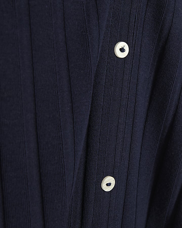 Navy Wide Rib Button Front Midi Dress