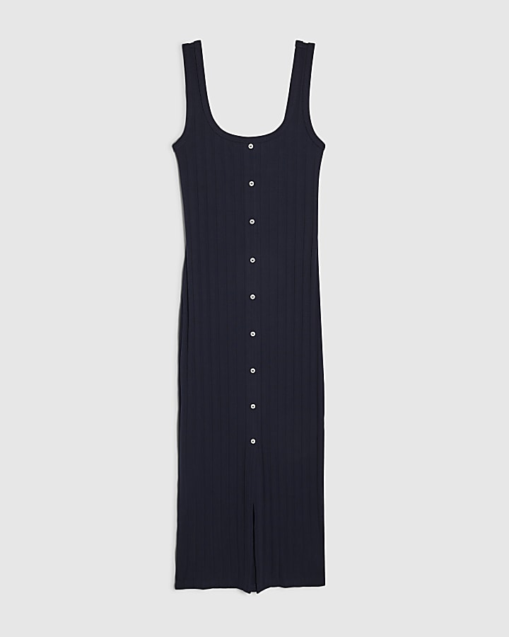 Navy Wide Rib Button Front Midi Dress