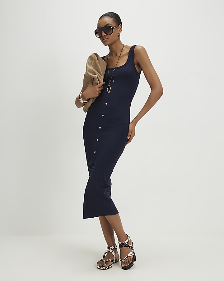 Navy Wide Rib Button Front Midi Dress