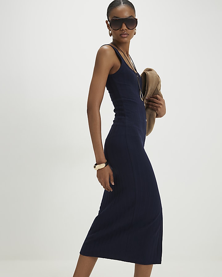 Navy Wide Rib Button Front Midi Dress