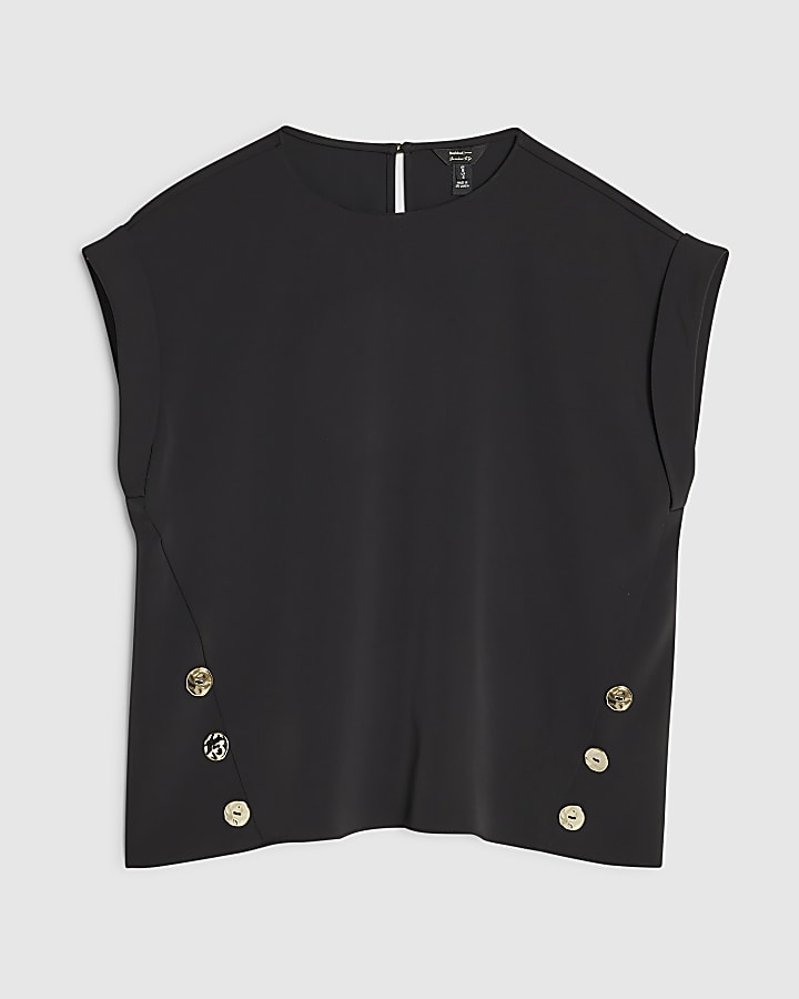 Black Short Sleeve Button Top