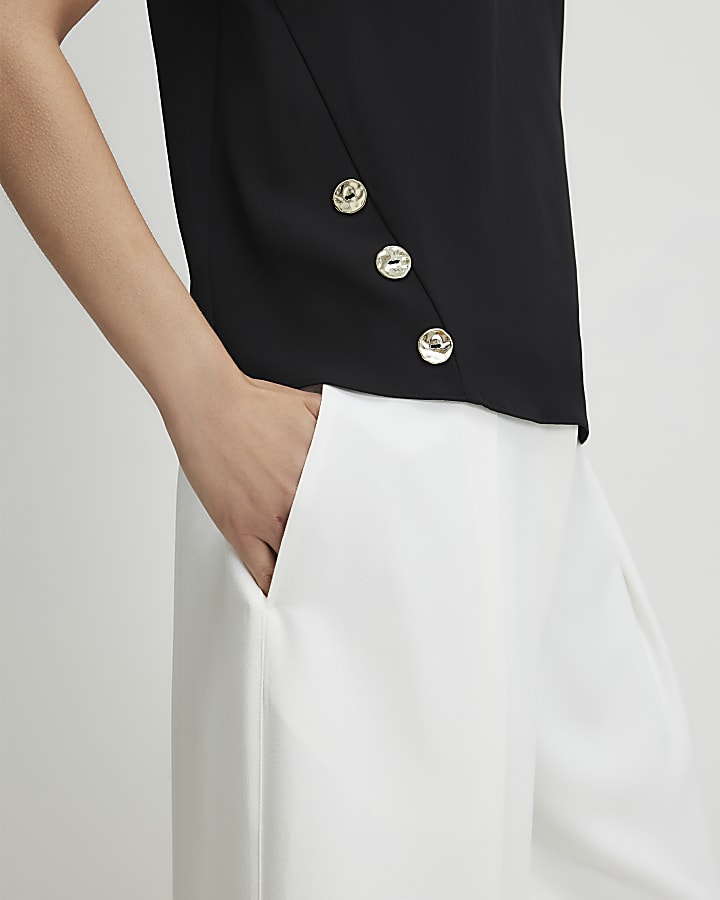 Black Short Sleeve Button Top