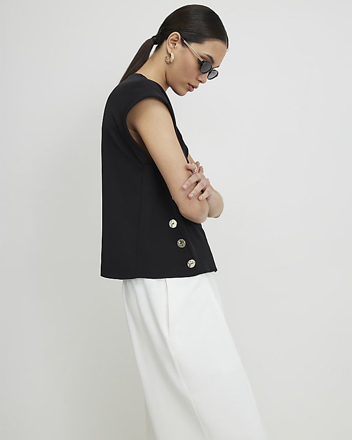 Black Short Sleeve Button Top