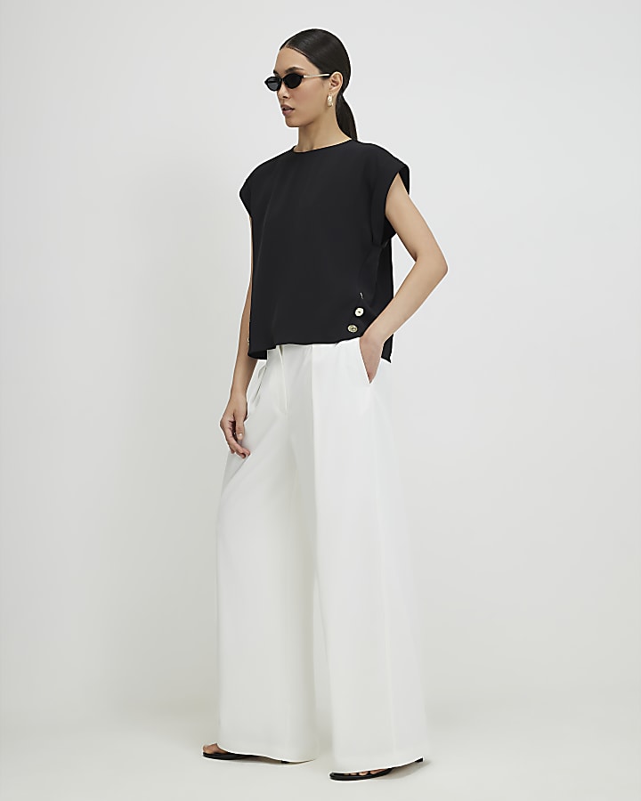 Black Short Sleeve Button Top