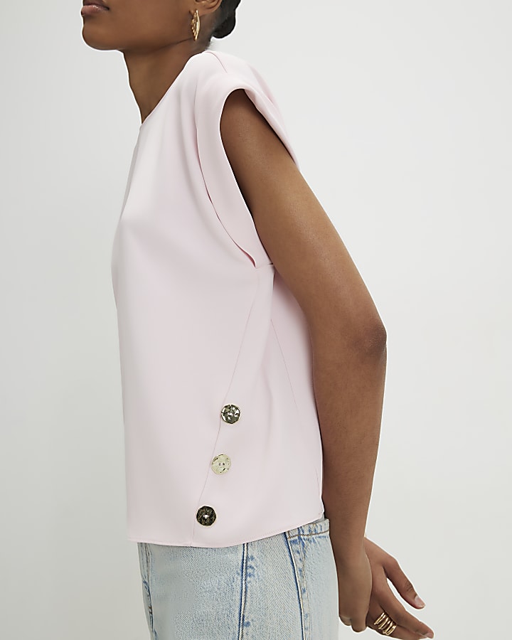 Pink Short Sleeve Button Top