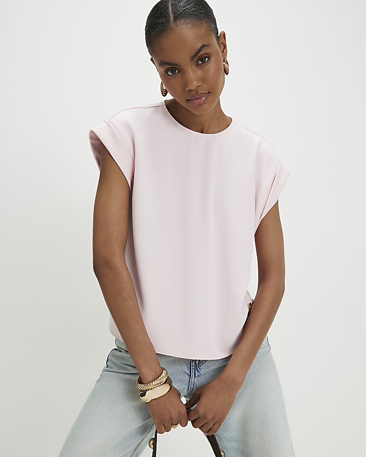 Pink Short Sleeve Button Top