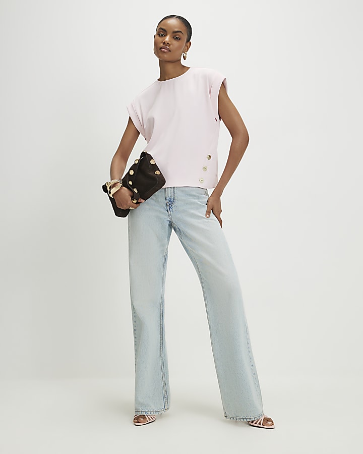 Pink Short Sleeve Button Top