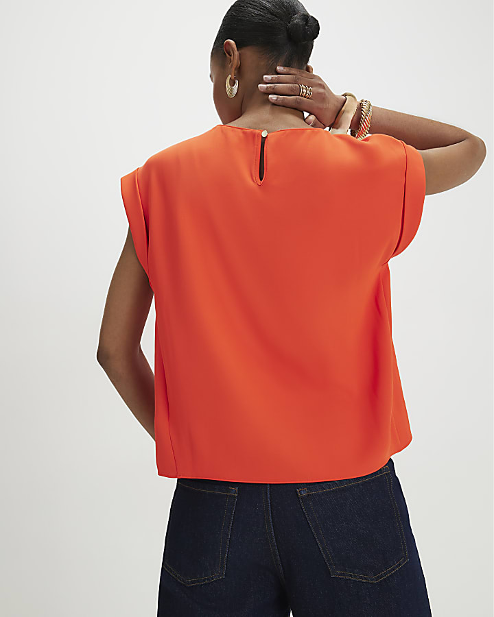 Orange Short Sleeve Button Top