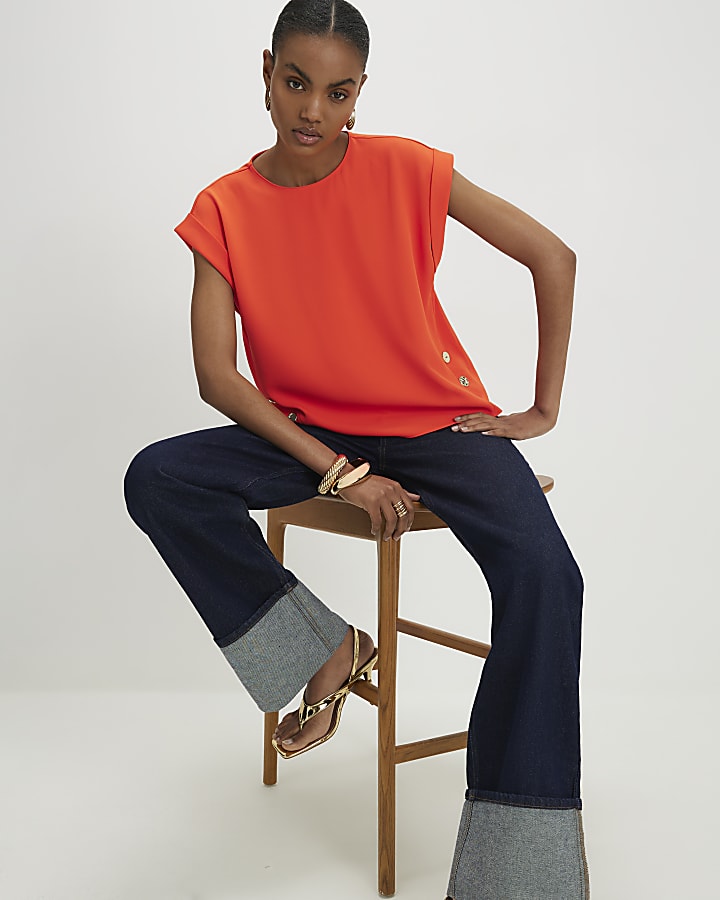 Orange Short Sleeve Button Top
