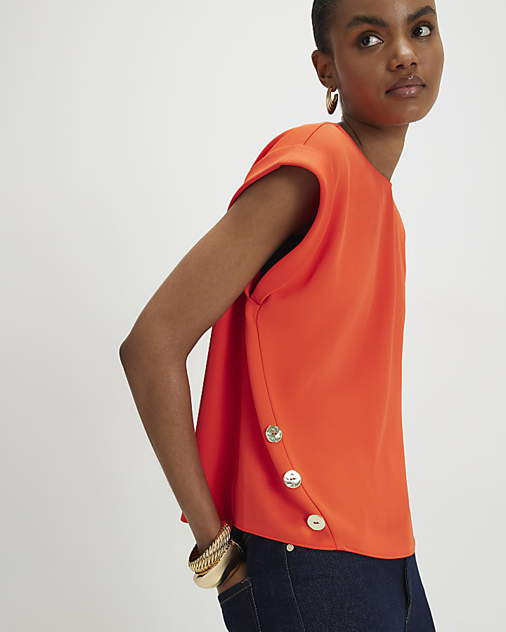 Orange Short Sleeve Button Top