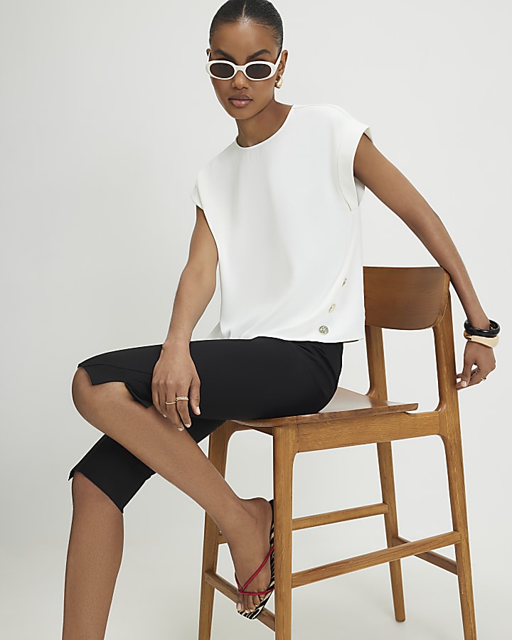 Cream Short Sleeve Button Top