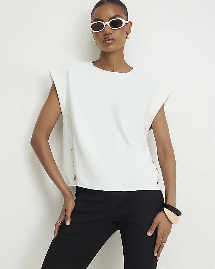 Cream Short Sleeve Button Top