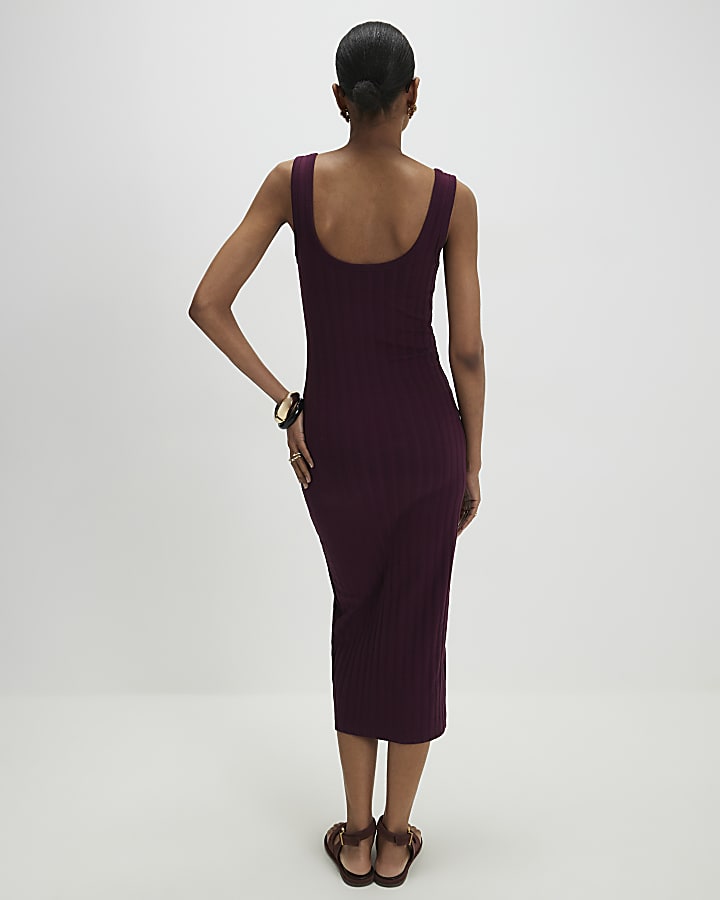 Red Wide Rib Button Front Midi Dress