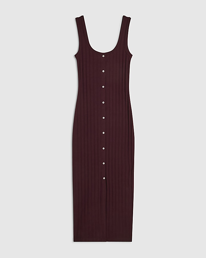 Red Wide Rib Button Front Midi Dress