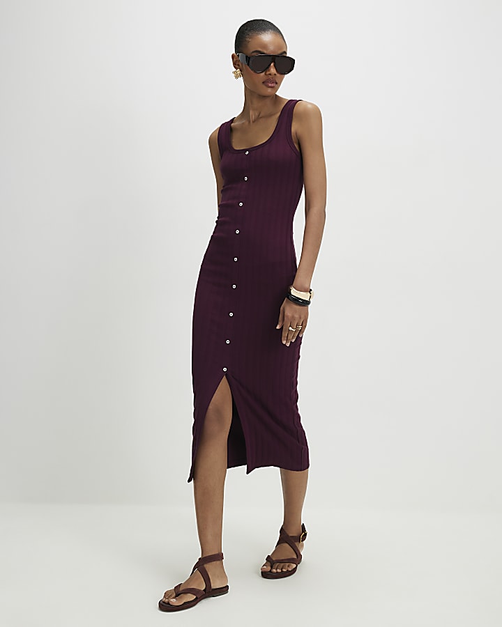Red Wide Rib Button Front Midi Dress