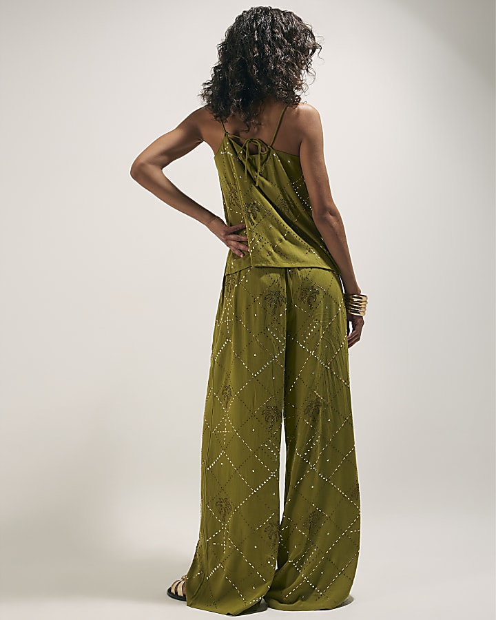 Green Palm Embellished Trousers
