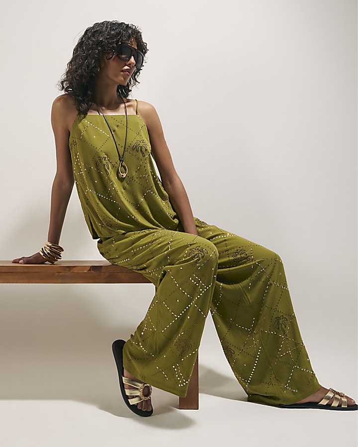 Green Palm Embellished Trousers