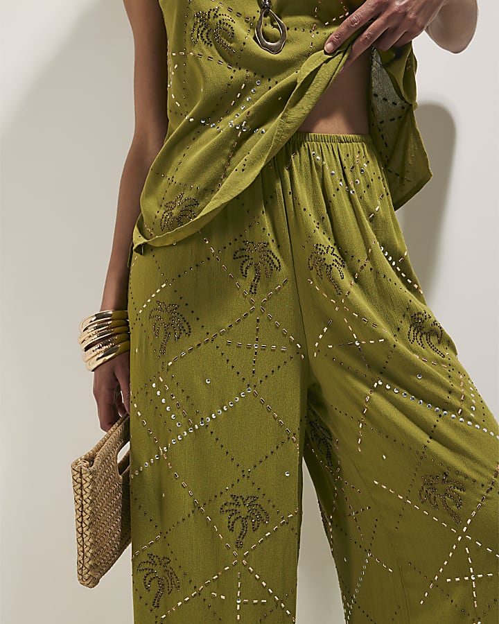 Green Palm Embellished Trousers