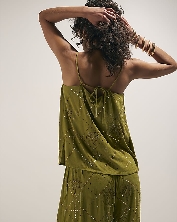 Green Palm Embelished Cami Top