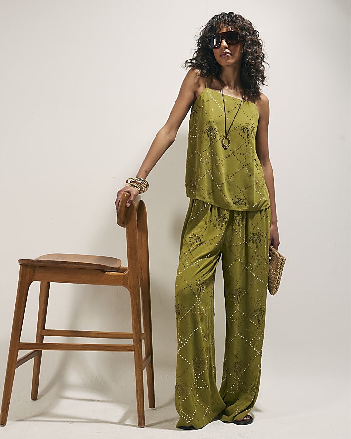 Green Palm Embelished Cami Top
