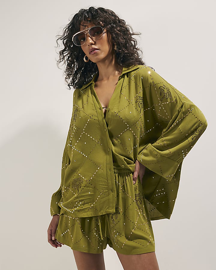 Green Palm Embellished Shirt