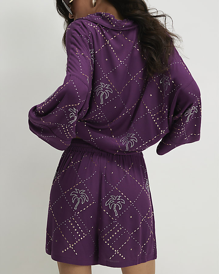 Purple Embellished Palm Shorts