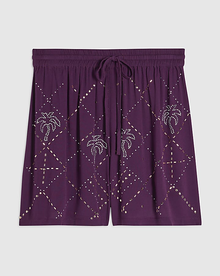 Purple Embellished Palm Shorts