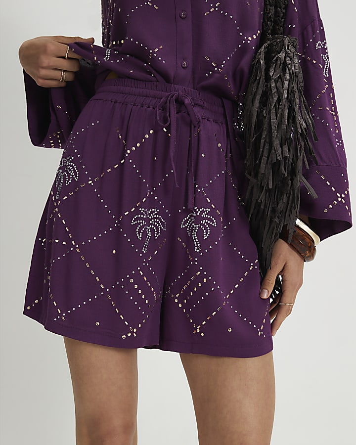 Purple Embellished Palm Shorts