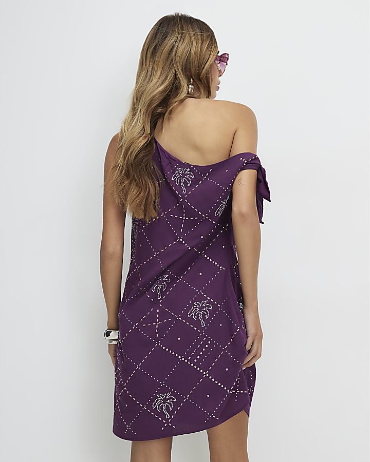 Purple Palm Diamante Asymmetric Mini Dress