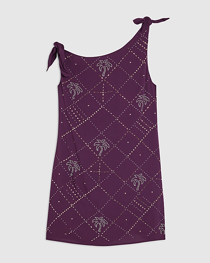 Purple Palm Diamante Asymmetric Mini Dress