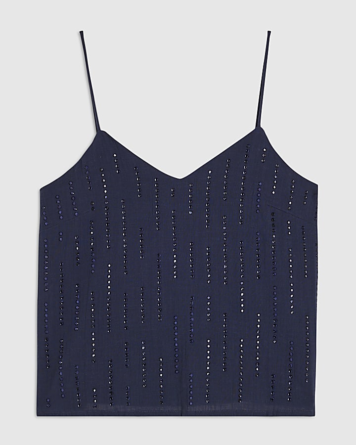 Blue Cotton Embellished Cami Top