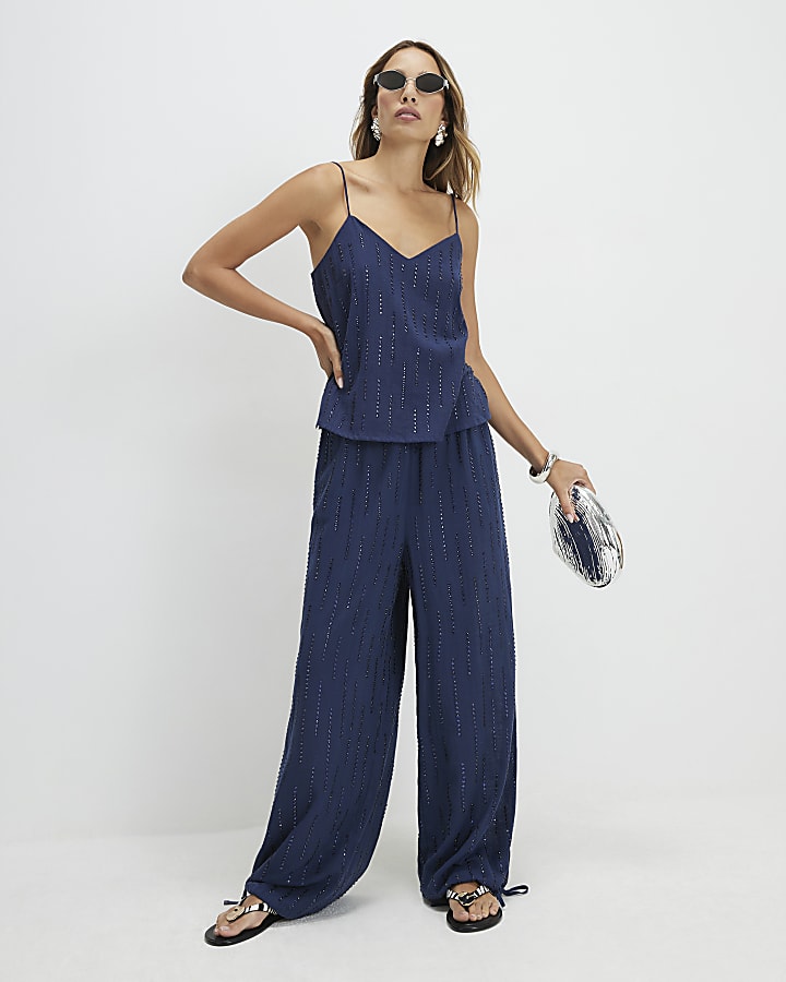 Blue Cotton Embellished Cami Top