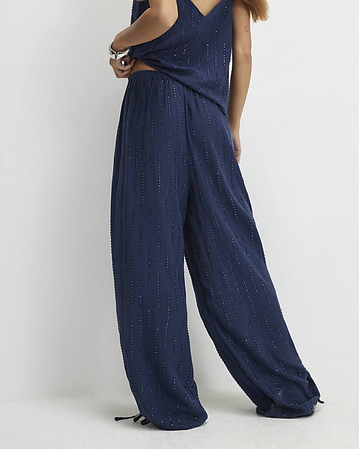 Blue Cotton Embellished Balloon Leg Trousers
