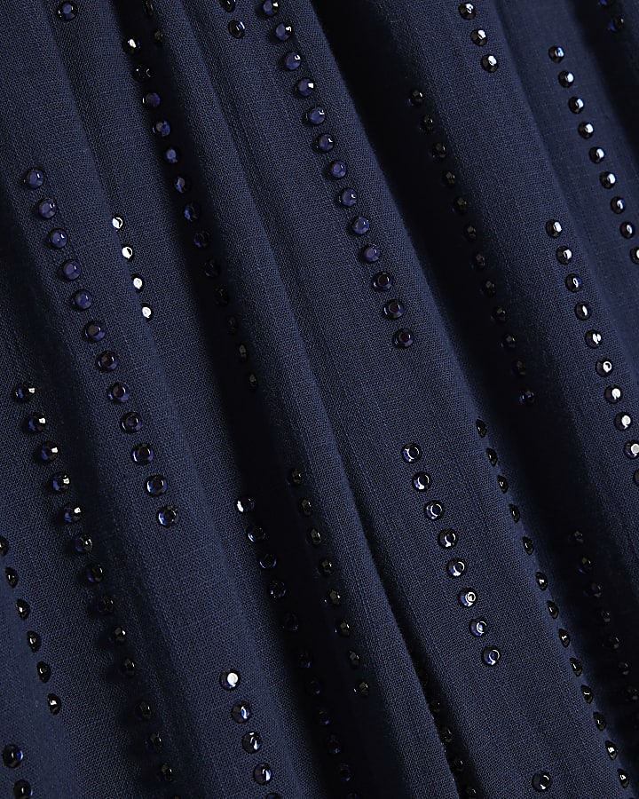 Blue Cotton Embellished Balloon Leg Trousers