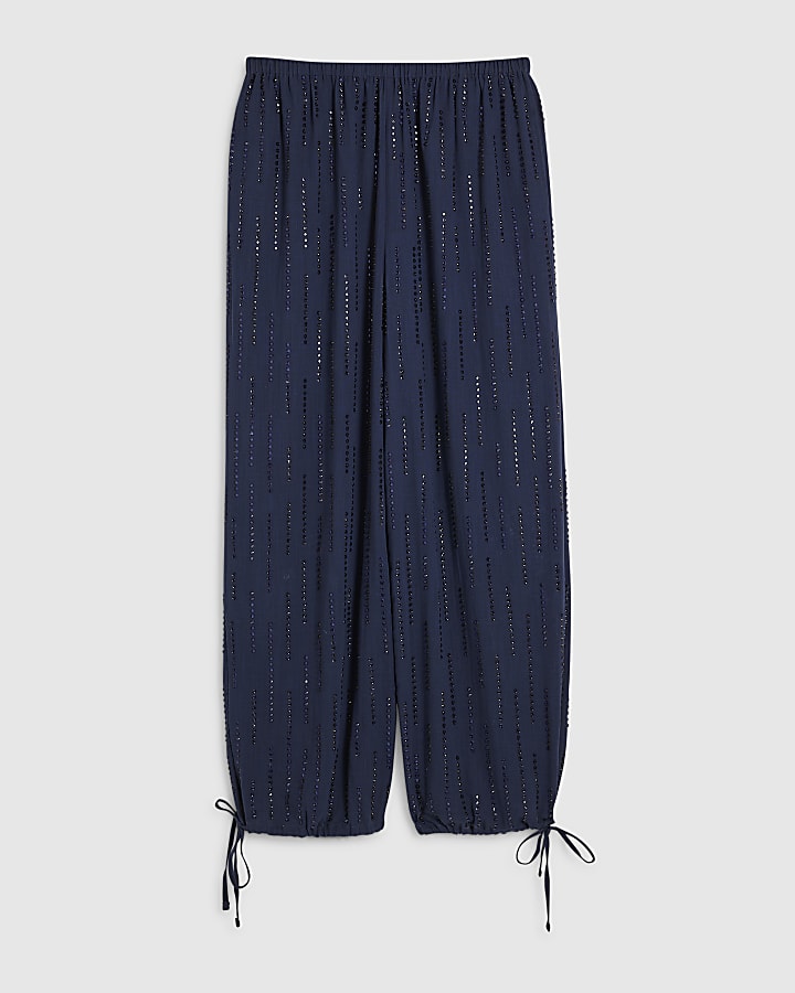 Blue Cotton Embellished Balloon Leg Trousers