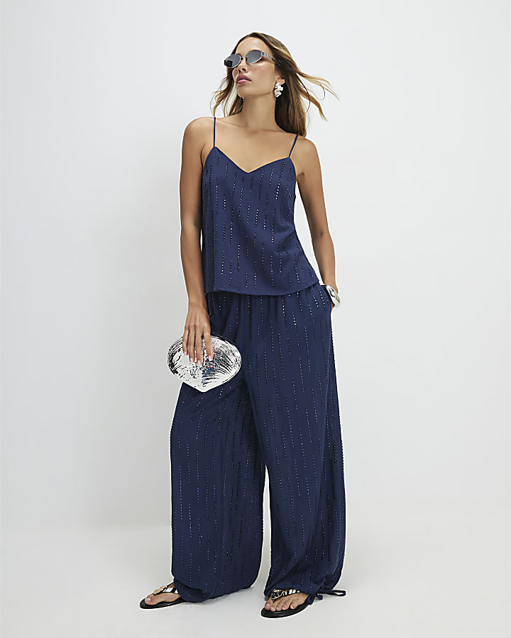 Blue Cotton Embellished Balloon Leg Trousers
